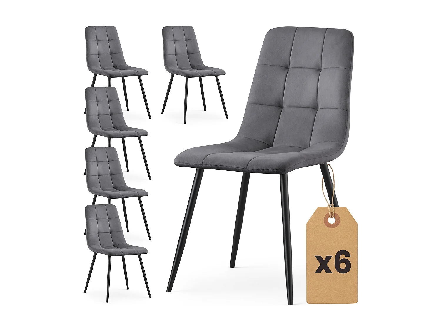 6x Welurowe krzesło tapicerowane pikowane Ciemny Grafit NERO Czarne nogi