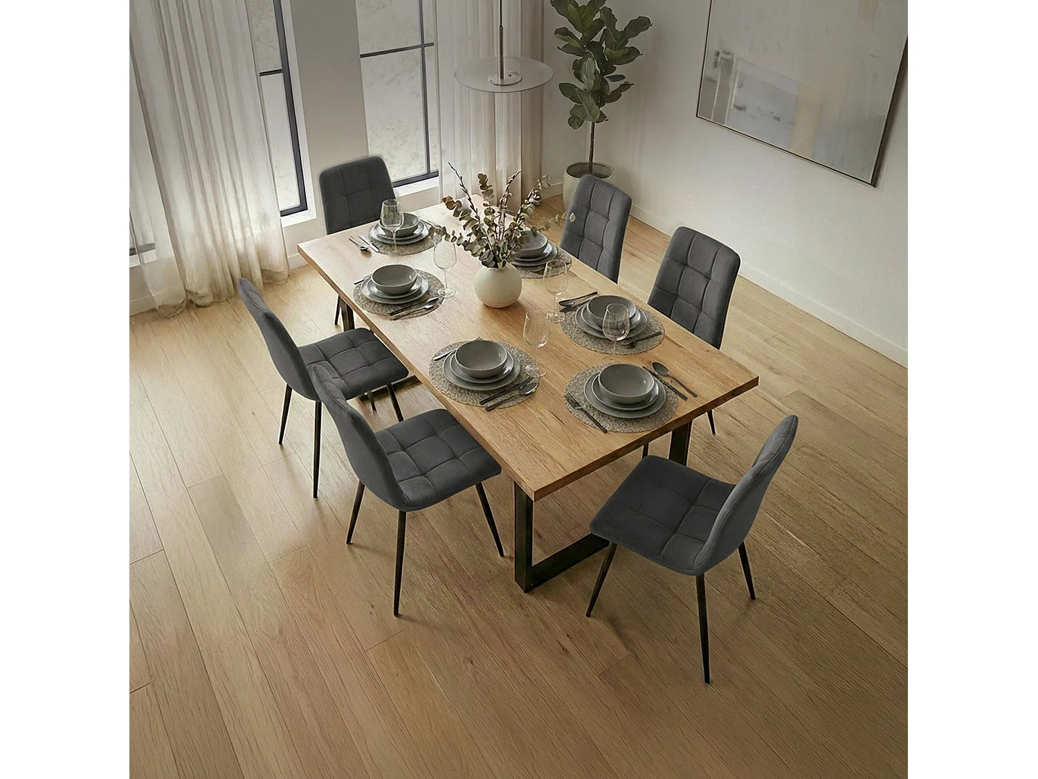 Set van 6 Eetkamerstoelen NERO / Gestoffeerde Stoelen / Fluwelen Stoelen en Metalen Poten / Antraciet met zwarte benen