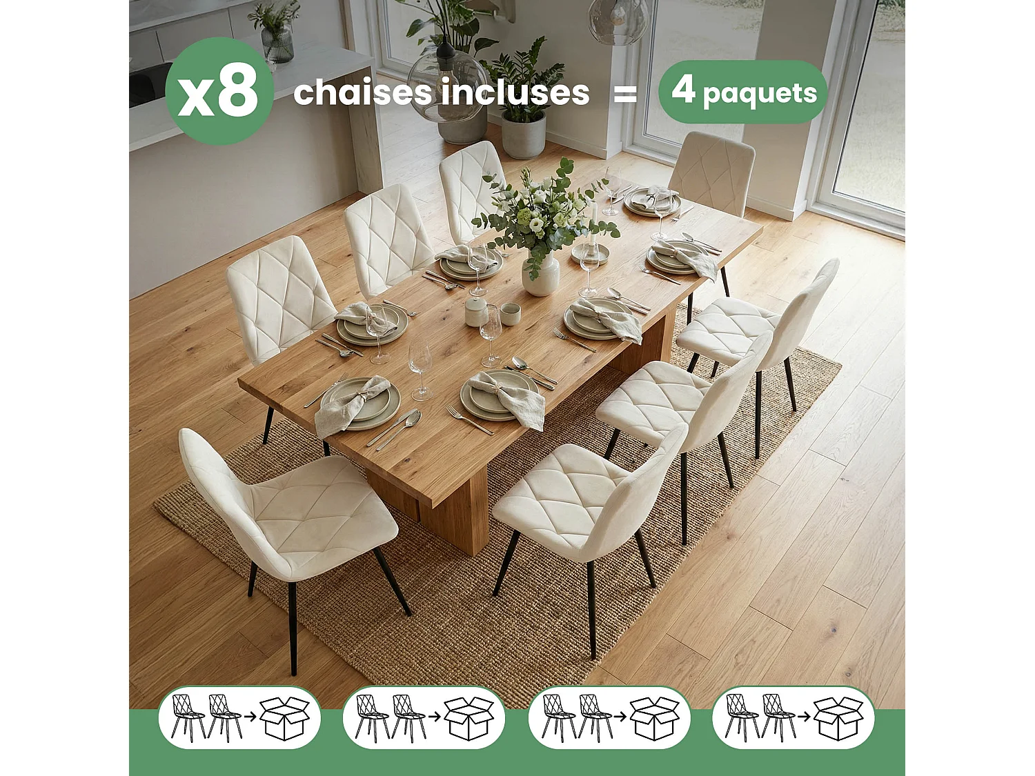 8x Welurowe krzesło tapicerowane pikowane Beżowe MILO Czarne nogi