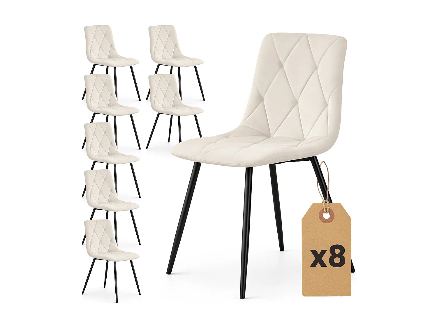 Lot de 8 Chaises en velours matelassées MILO Beige pieds noirs