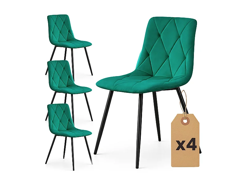 4er Set Samt-Polsterstühle, gesteppt MILO Flaschengrün mit schwarzen Beinen