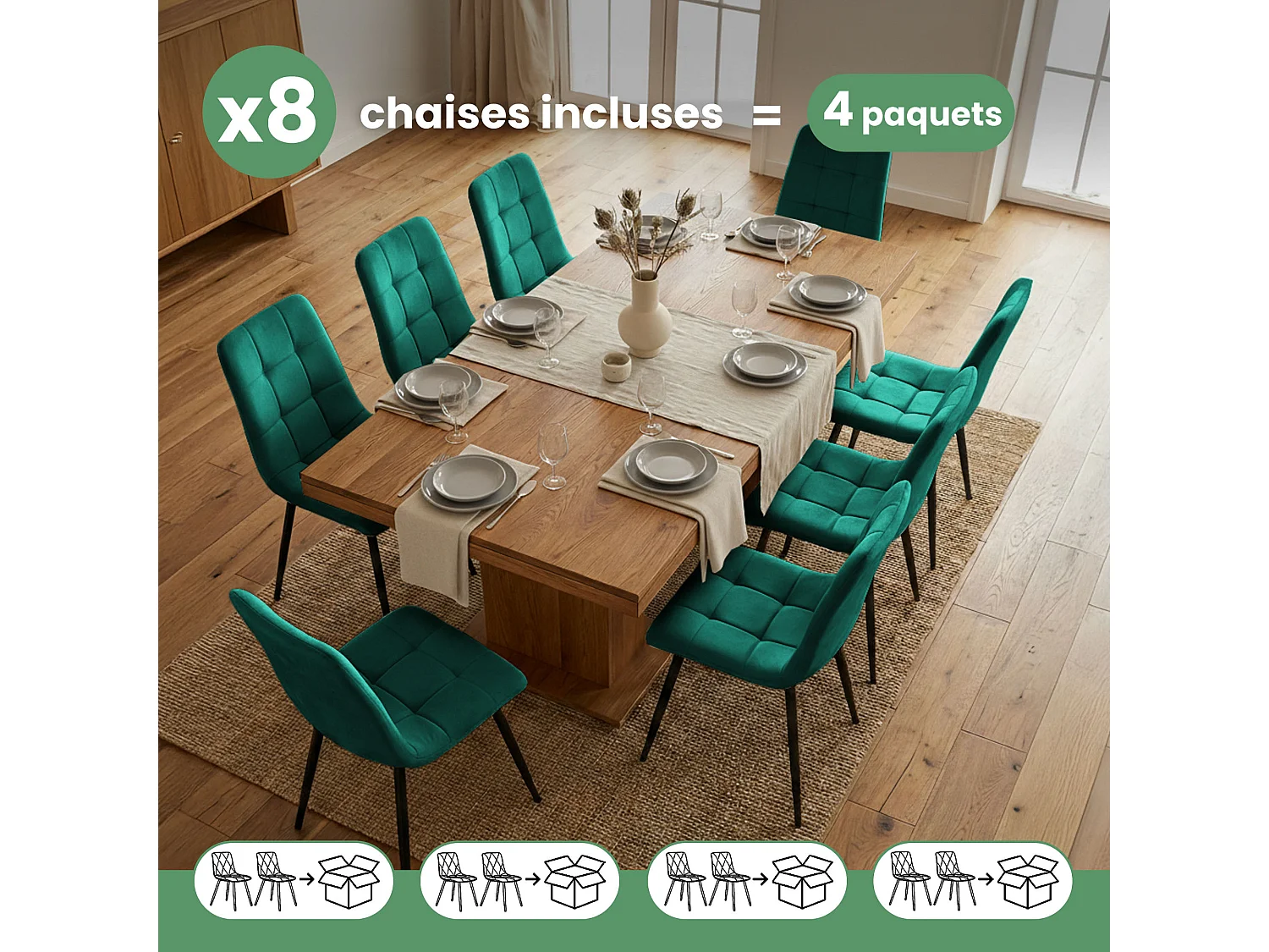 8x Welurowe krzesło tapicerowane pikowane Butelkowa Zieleń NERO Czarne nogi