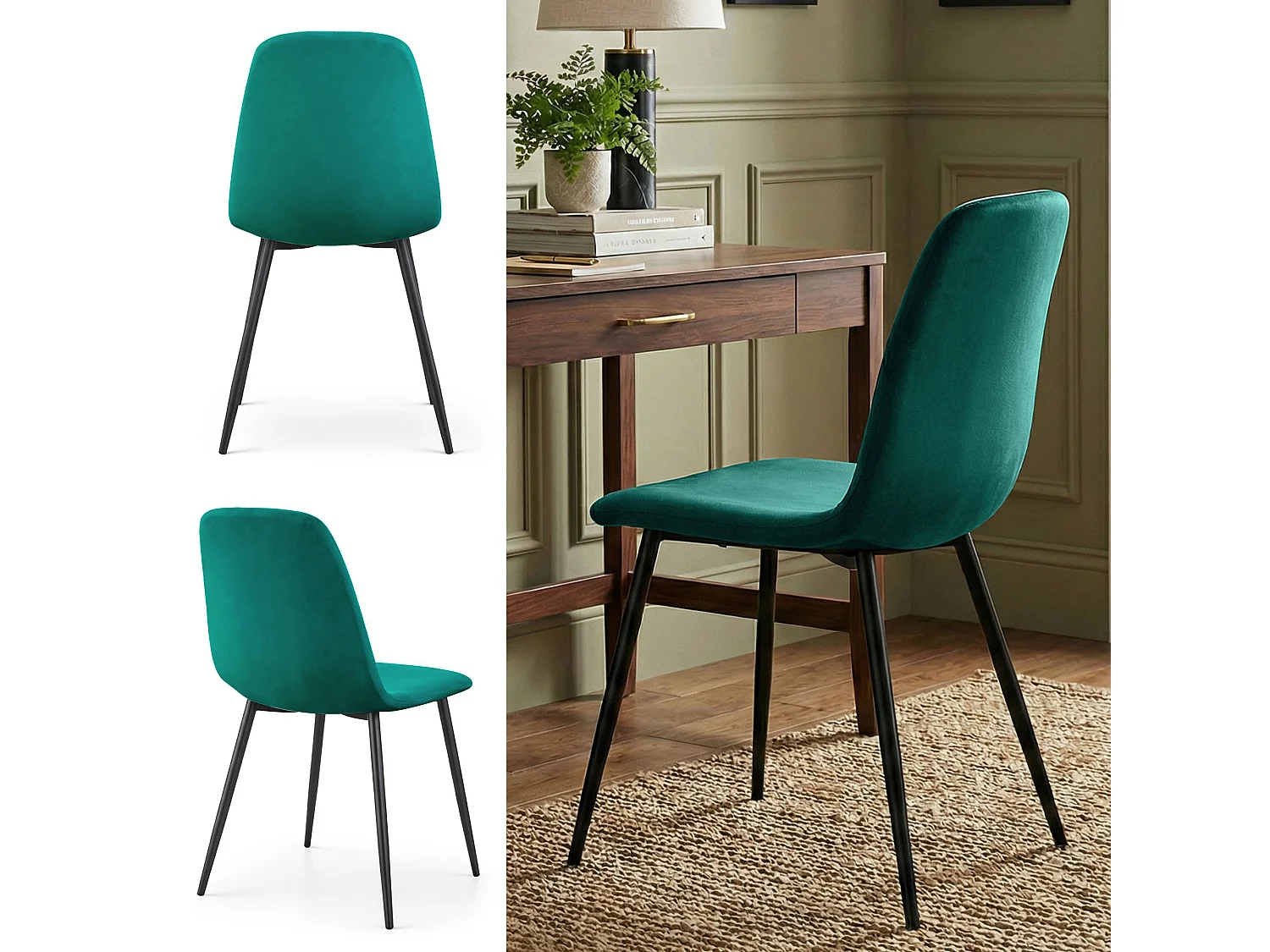 Chaise en velours matelassée LUMO Vert Bouteille pieds noirs