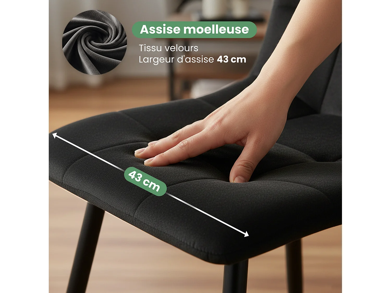Chaise en velours matelassée NERO Noire pieds noirs