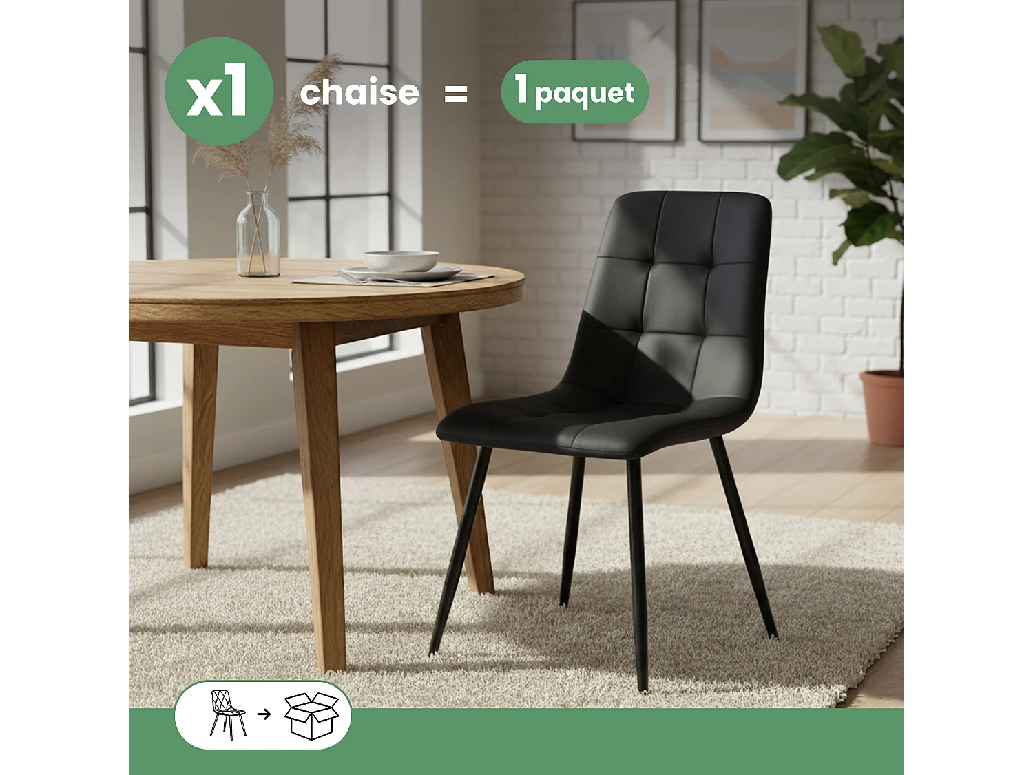 Chaise en velours matelassée NERO Noire pieds noirs