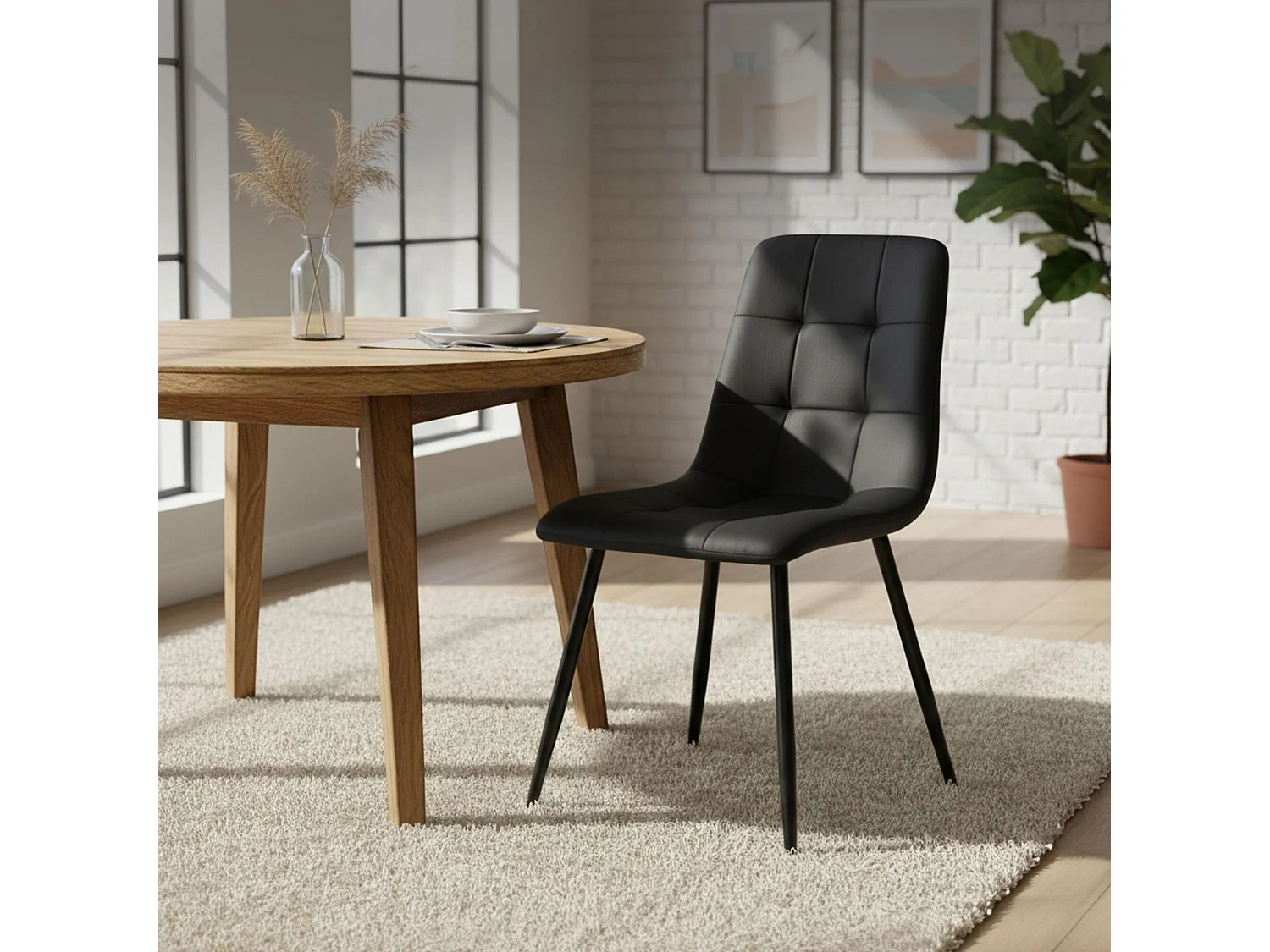 Chaise en velours matelassée NERO Noire pieds noirs