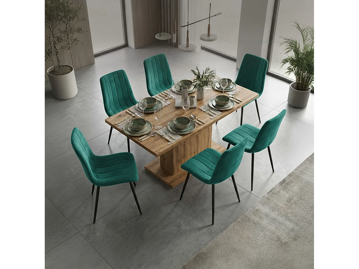 Set van 6 Eetkamerstoelen LIVO / Gestoffeerde Stoelen / Fluwelen Stoelen en Metalen Poten / Flesgroen met zwarte benen