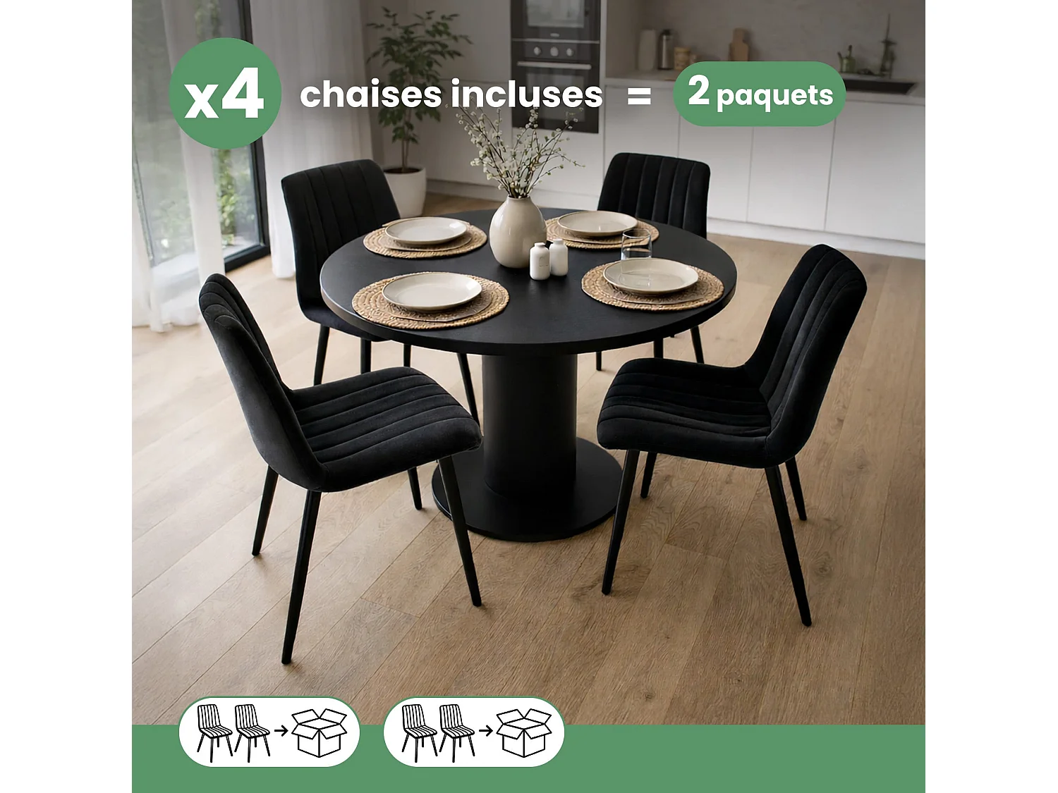 4er Set Samt-Polsterstühle, gesteppt LIVO Schwarz mit schwarzen Beinen