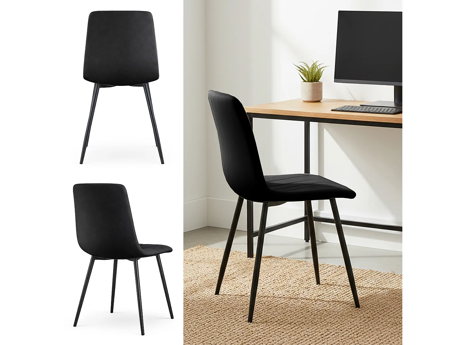 4er Set Samt-Polsterstühle, gesteppt LIVO Schwarz mit schwarzen Beinen