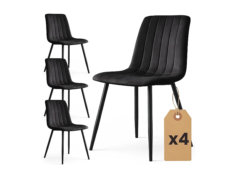 4er Set Samt-Polsterstühle, gesteppt LIVO Schwarz mit schwarzen Beinen