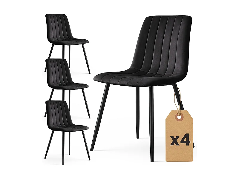 Set van 4 Eetkamerstoelen LIVO / Gestoffeerde Stoelen / Fluwelen Stoelen en Metalen Poten / Zwart met zwarte benen