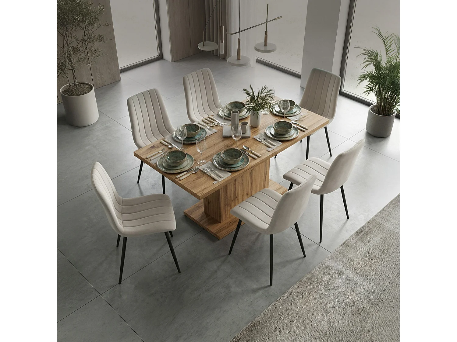 Set van 6 Eetkamerstoelen LIVO / Gestoffeerde Stoelen / Fluwelen Stoelen en Metalen Poten / Beige met zwarte benen