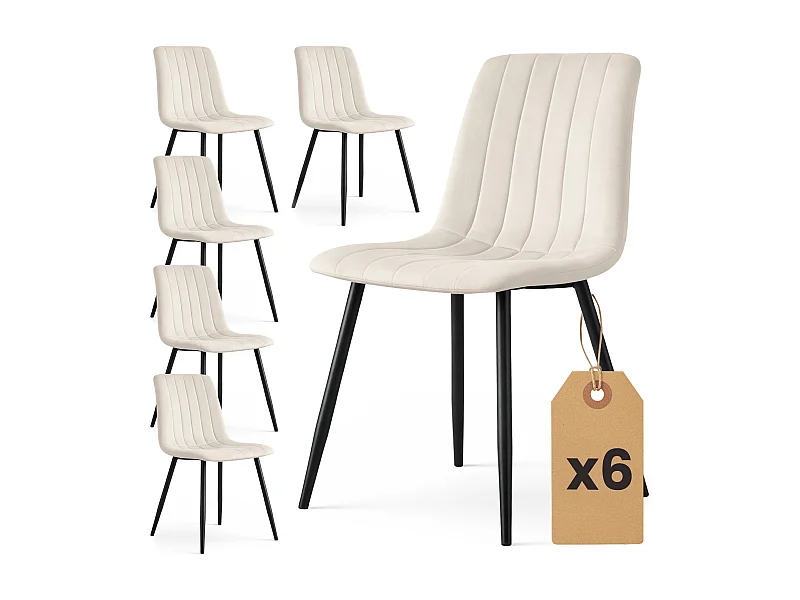 Set van 6 Eetkamerstoelen LIVO / Gestoffeerde Stoelen / Fluwelen Stoelen en Metalen Poten / Beige met zwarte benen
