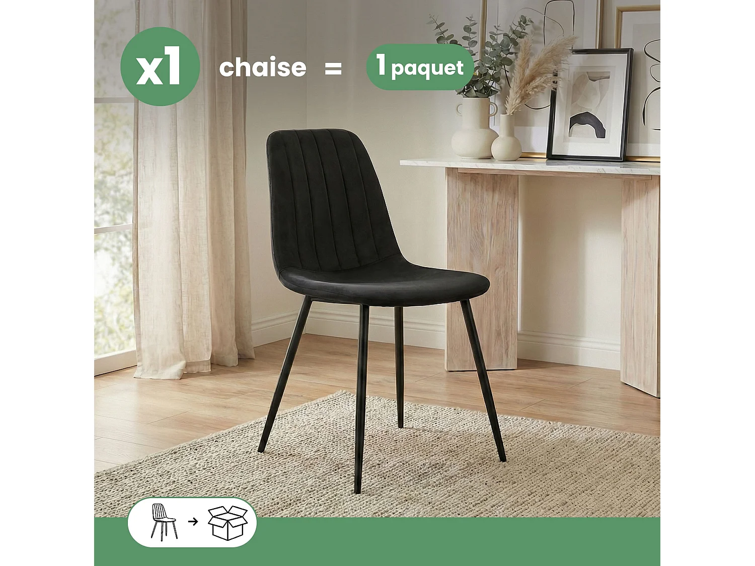 Chaise en velours matelassée LUMO Noire pieds noirs