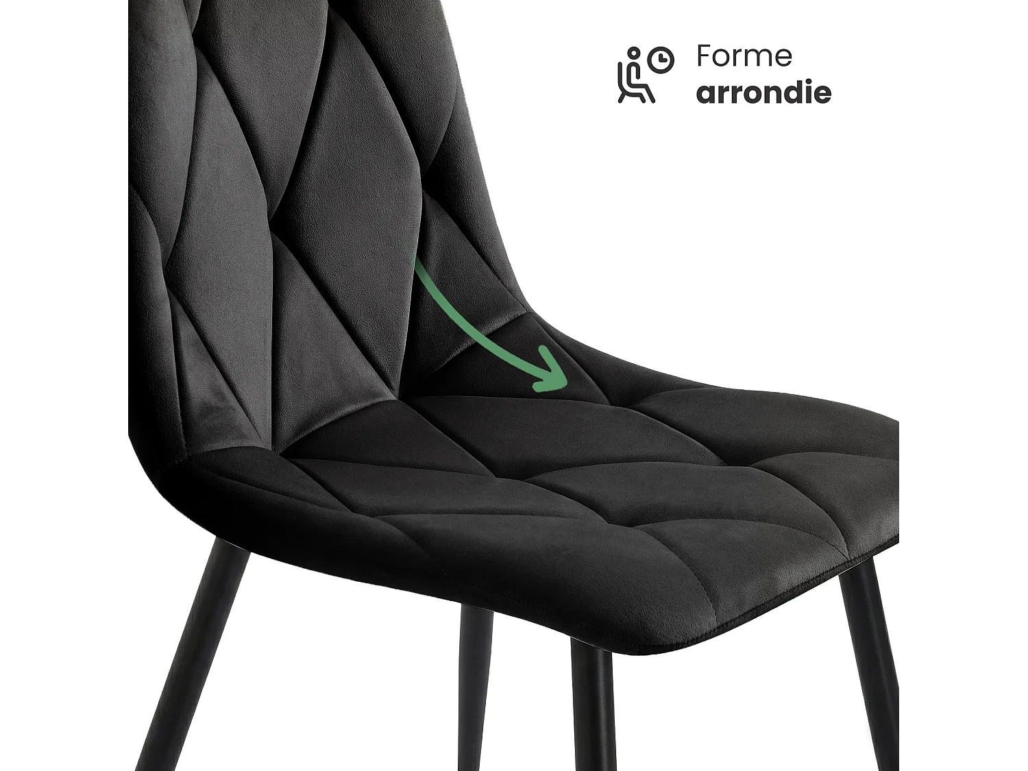 Chaise en velours matelassée MILO Noire pieds noirs