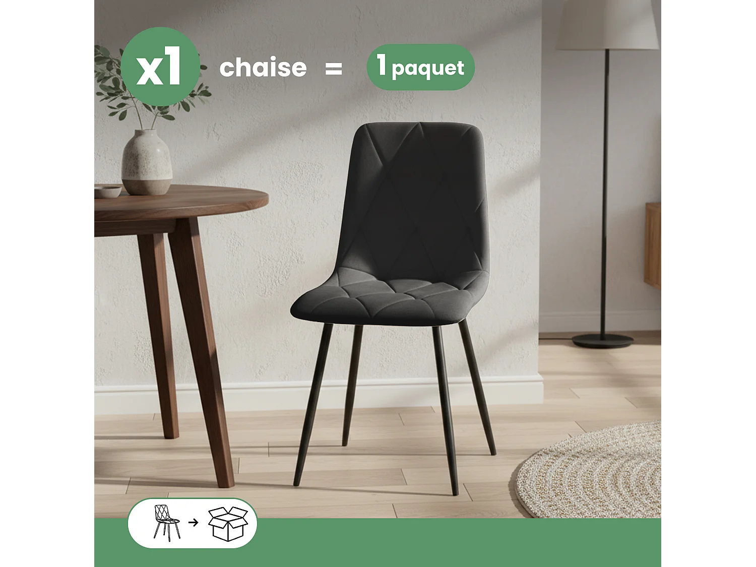 Chaise en velours matelassée MILO Noire pieds noirs
