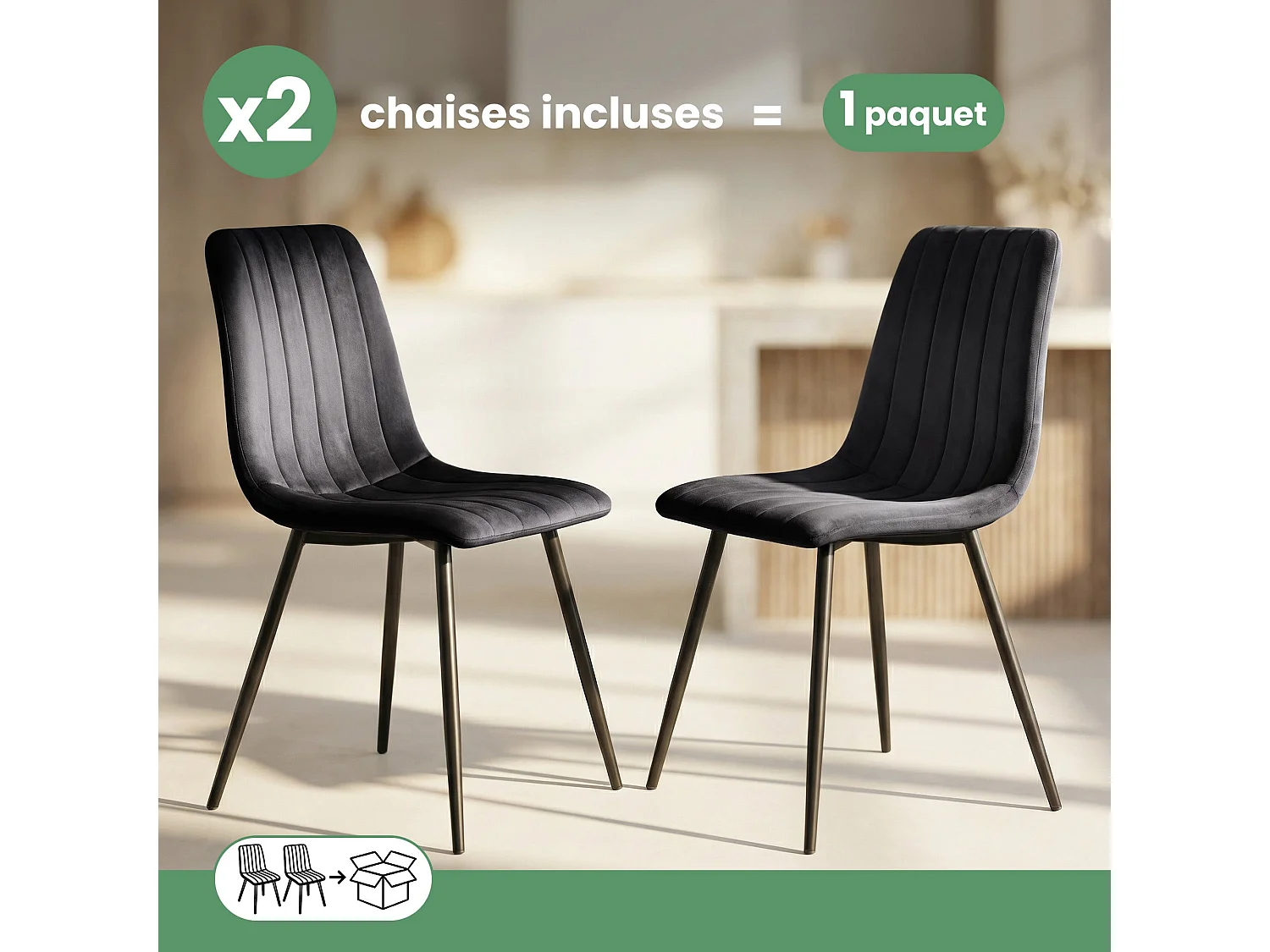 2x Welurowe krzesło tapicerowane pikowane Czarne LIVO Czarne nogi