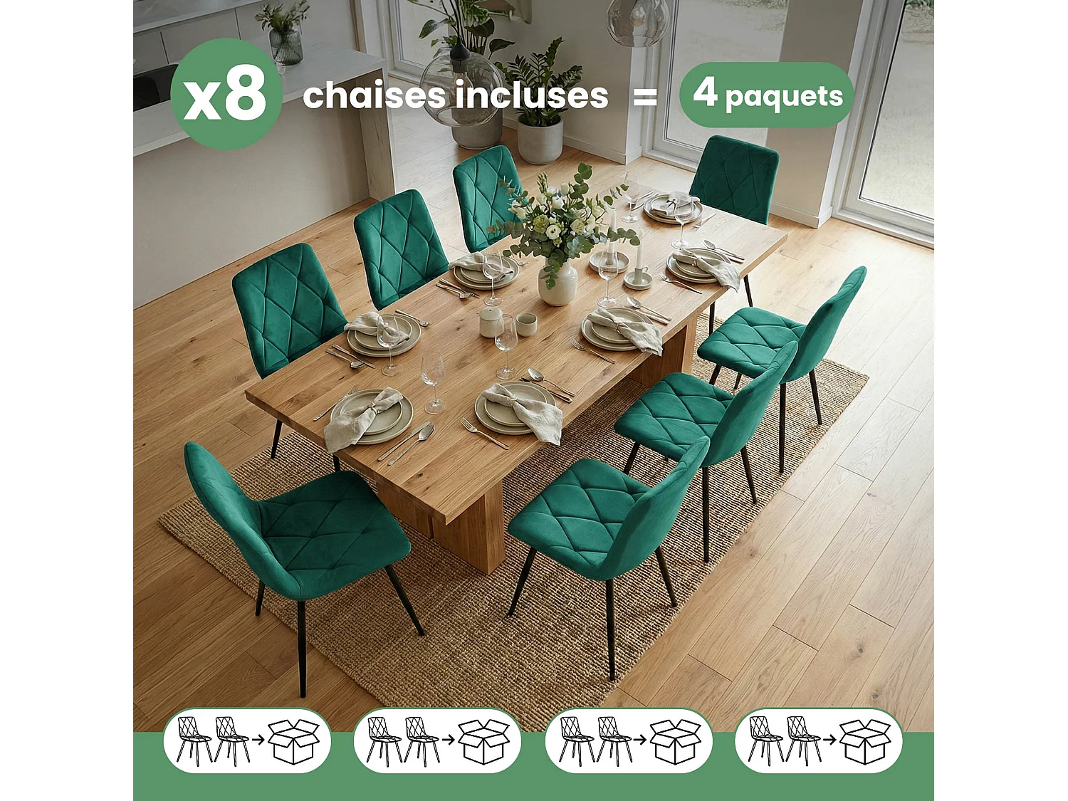 8x Welurowe krzesło tapicerowane pikowane Butelkowa Zieleń MILO Czarne nogi