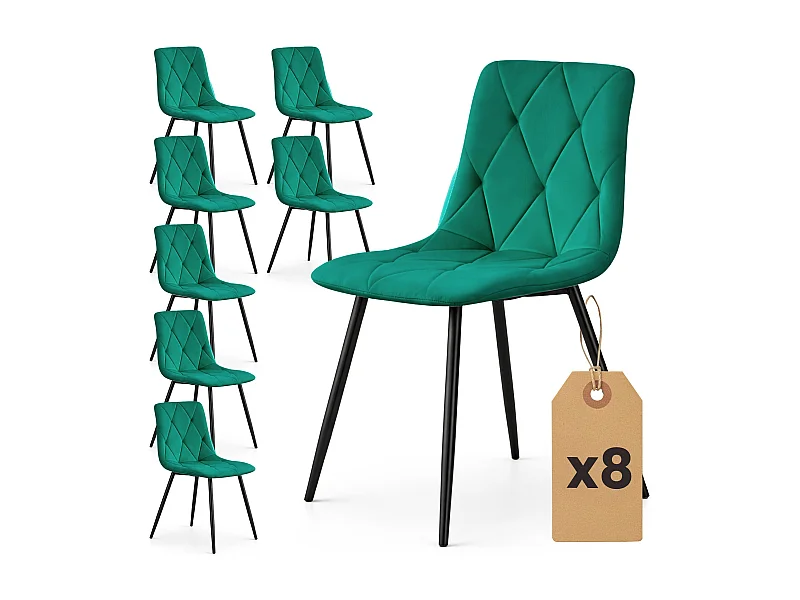 Set van 8 Eetkamerstoelen MILO / Gestoffeerde Stoelen / Fluwelen Stoelen en Metalen Poten / Flesgroen met zwarte benen
