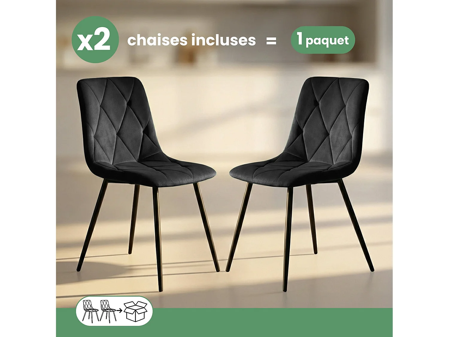 2x Welurowe krzesło tapicerowane pikowane Czarne MILO Czarne nogi