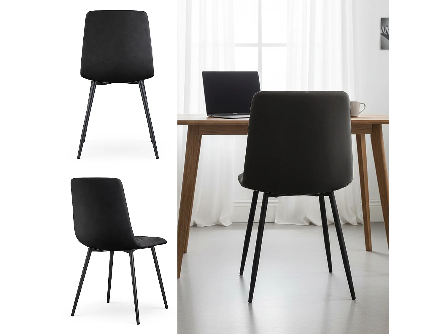 Lot de 2 Chaises en velours matelassées MILO Noires pieds noirs