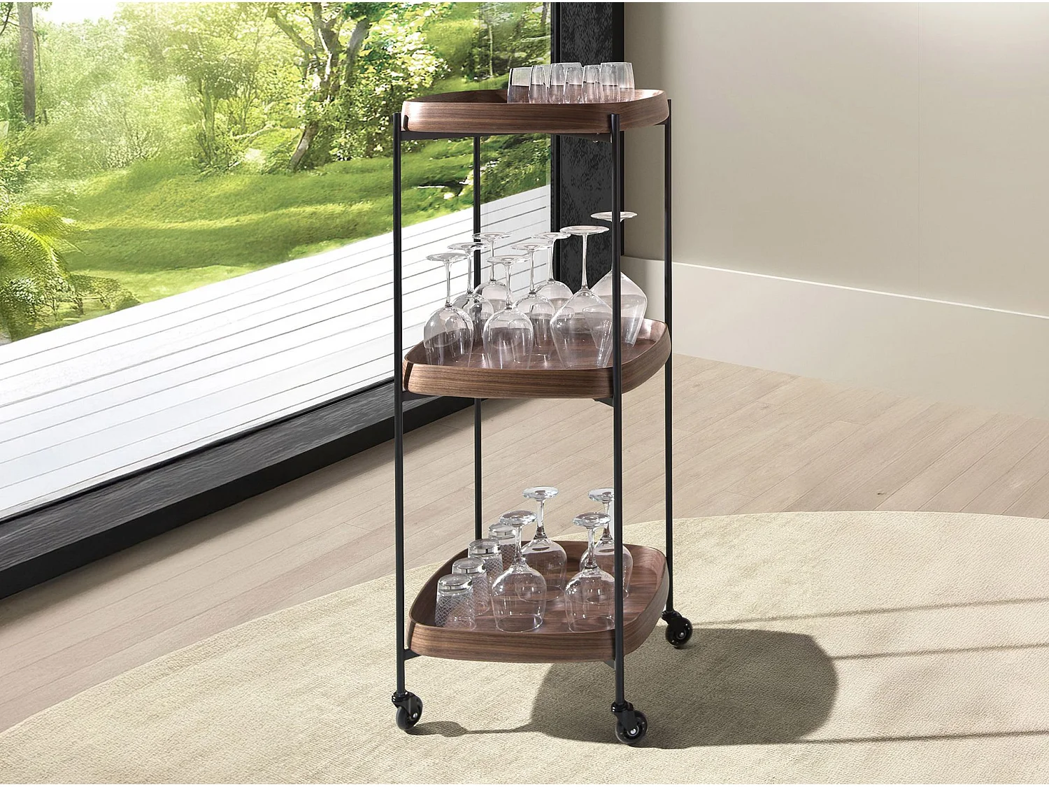 Minibar-Servierwagen aus Nussbaumholz und schwarzem Stahl 3291 ANGEL CERDA