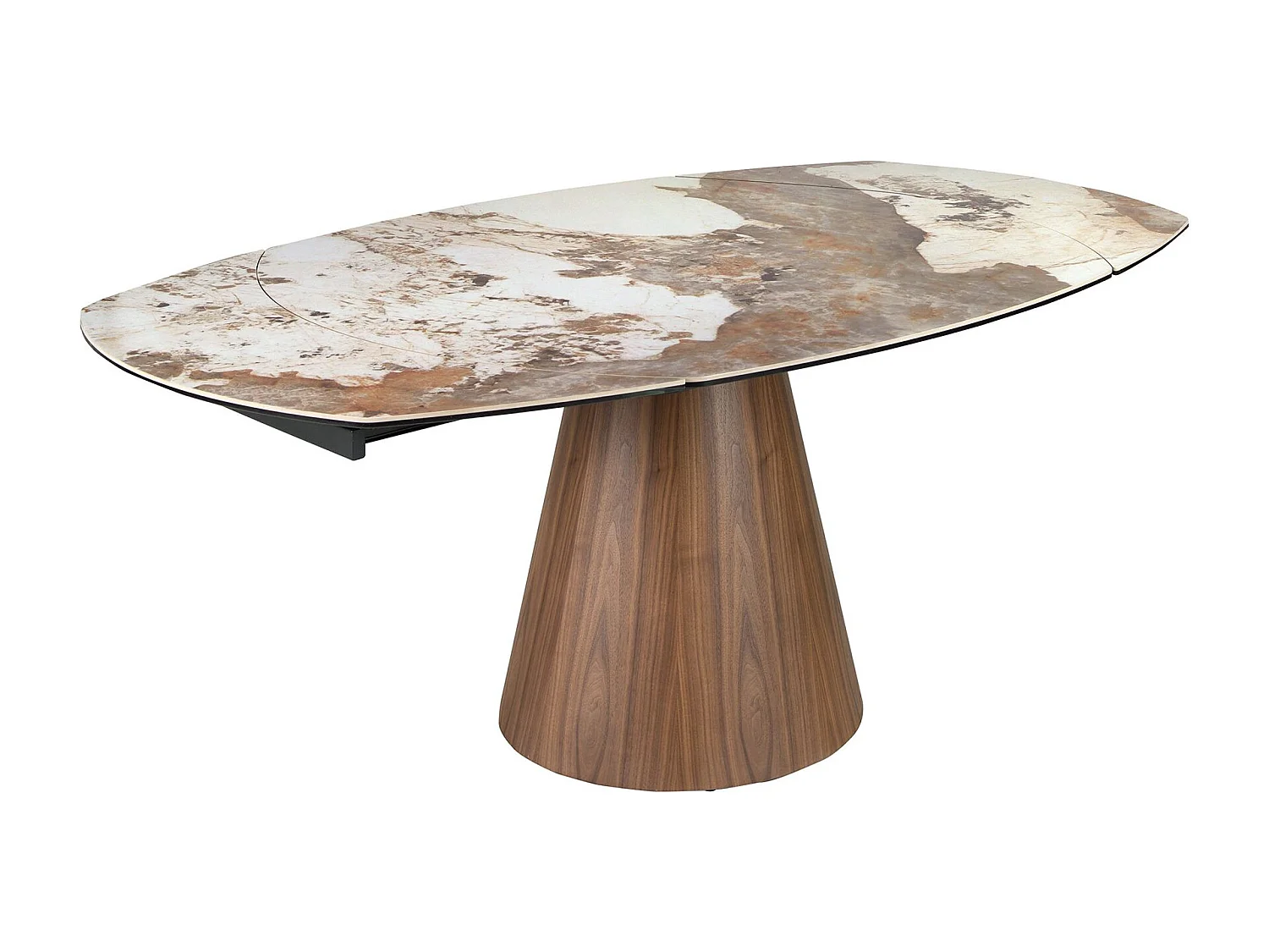 Oval barrel-shaped extendable dining table with porcelain marble top and walnut wood 1187 ANGEL CERDA