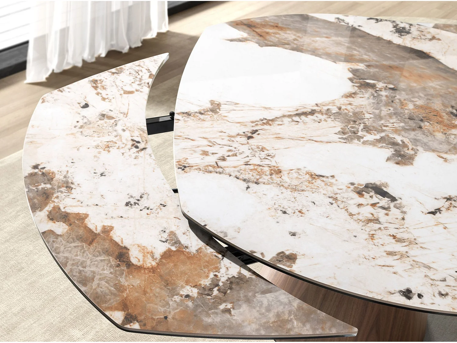 Oval barrel-shaped extendable dining table with porcelain marble top and walnut wood 1187 ANGEL CERDA