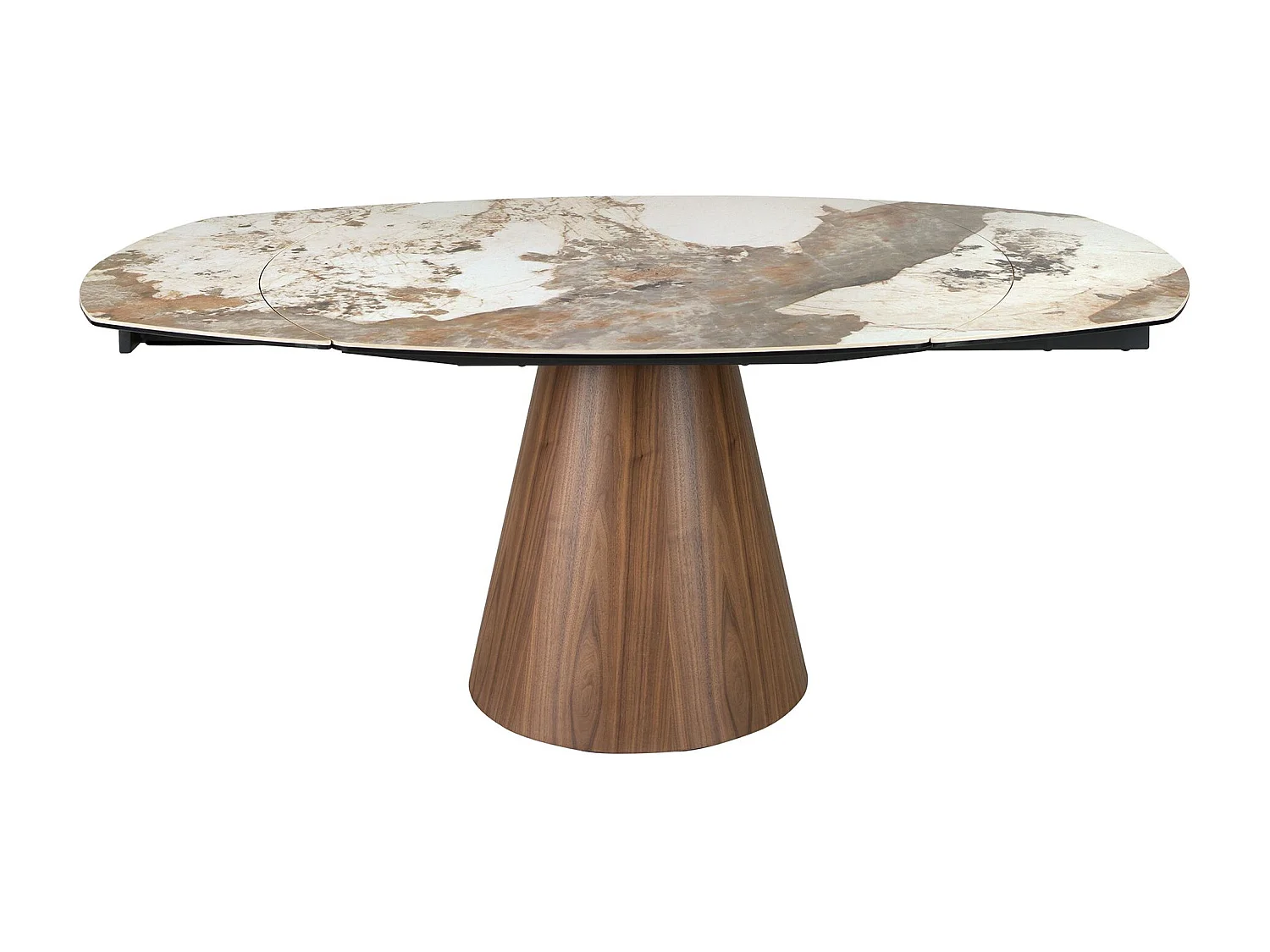 Oval barrel-shaped extendable dining table with porcelain marble top and walnut wood 1187 ANGEL CERDA
