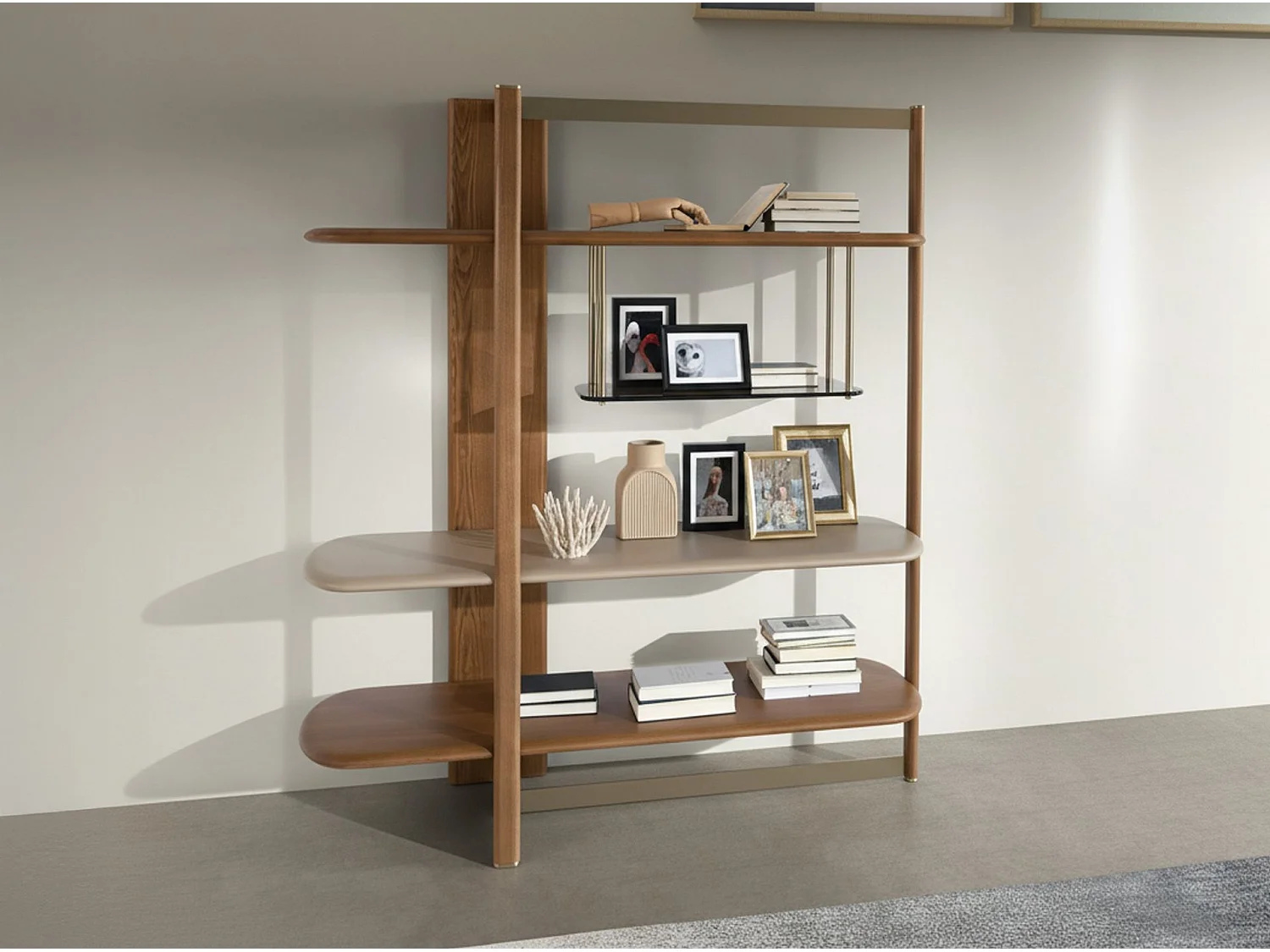 Linkes rechteckiges Regal aus hellem Nussbaumholz und Holz in Greige-Farbe 3300 ANGEL CERDA