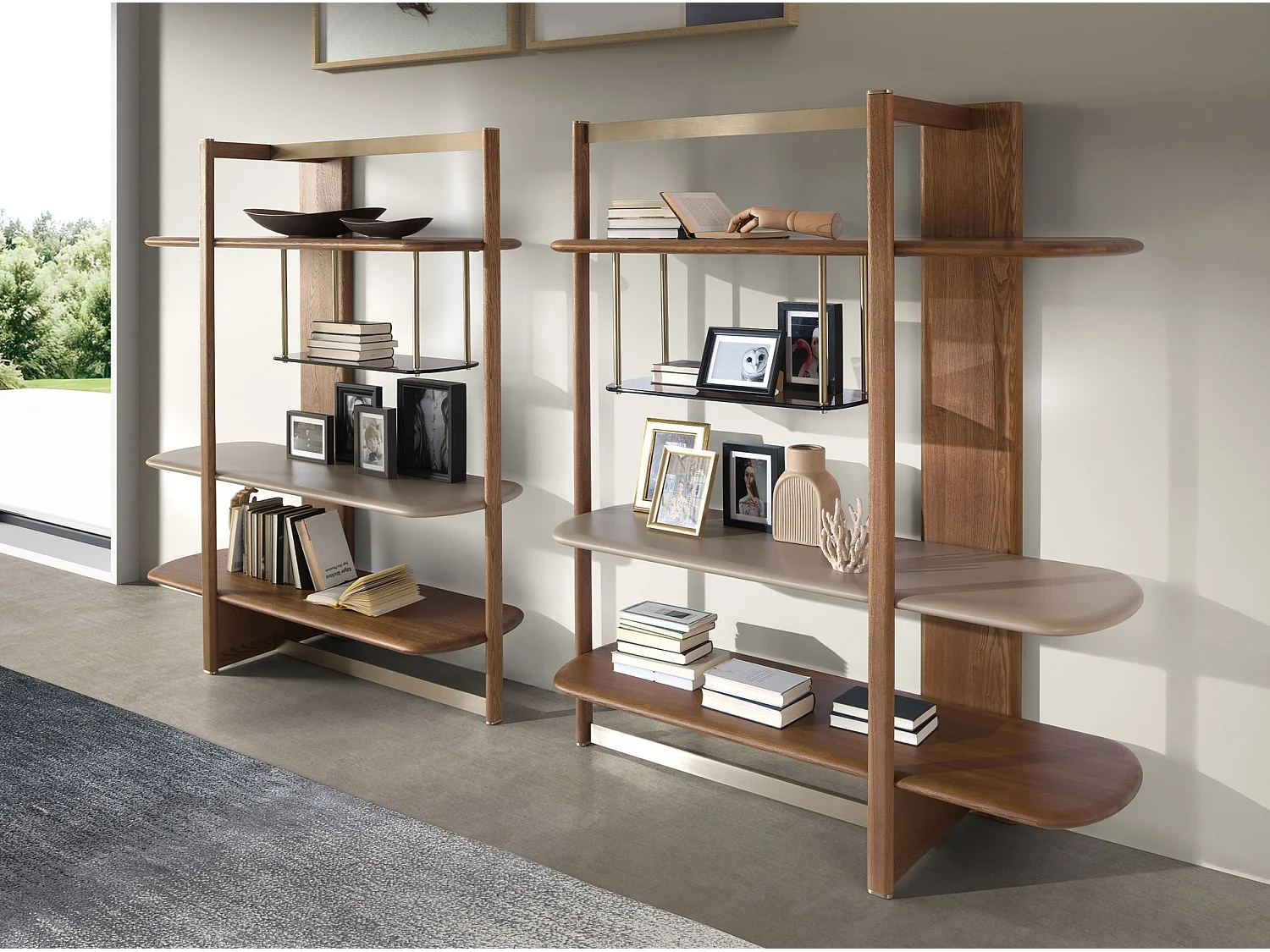 Linkes rechteckiges Regal aus hellem Nussbaumholz und Holz in Greige-Farbe 3300 ANGEL CERDA