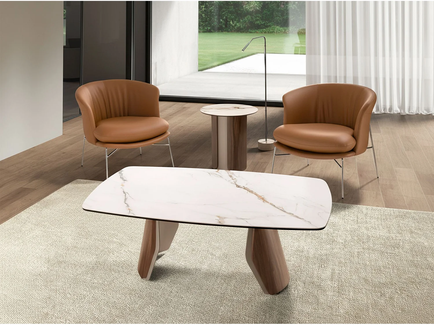 Ovaler Couchtisch aus Feinsteinzeug, metallisiertem Sandstahl und Nussbaumholz 2167 ANGEL CERDA