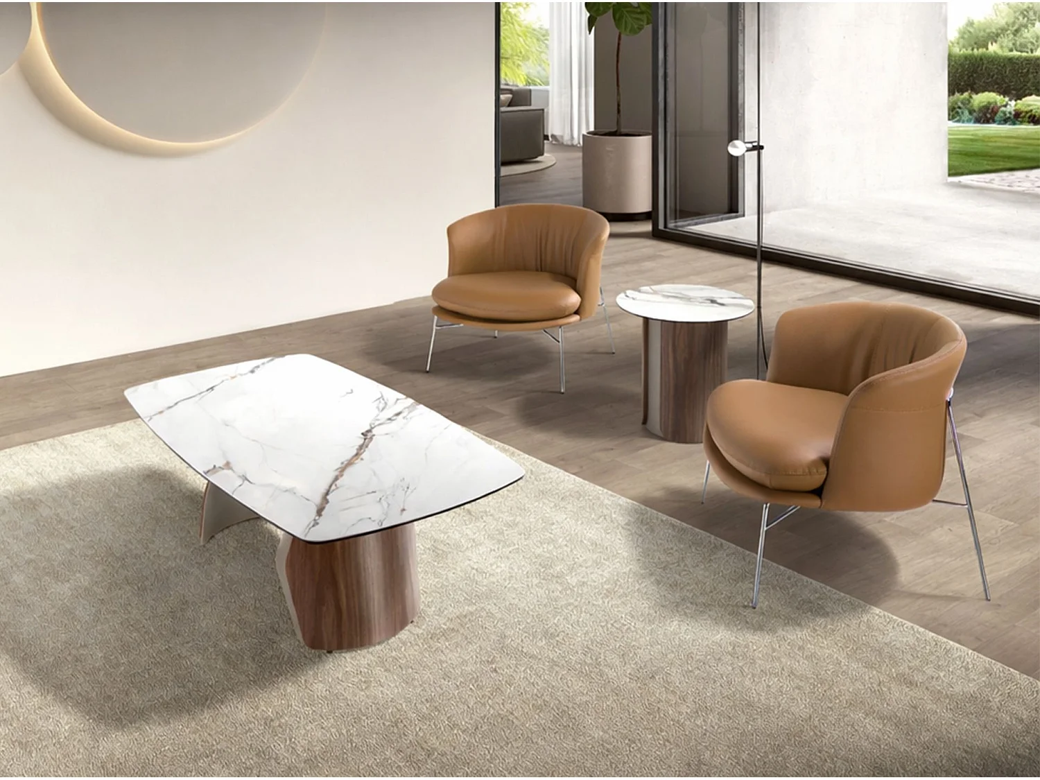 Ovaler Couchtisch aus Feinsteinzeug, metallisiertem Sandstahl und Nussbaumholz 2167 ANGEL CERDA