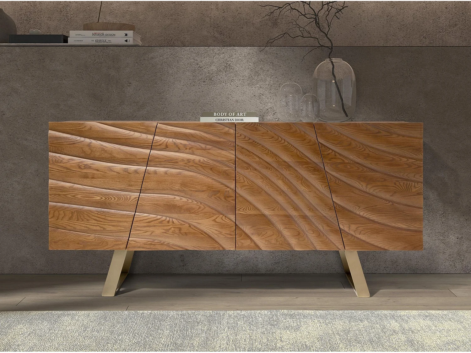 Sideboard aus hellem Nussbaumholz und poliertem goldfarbenem Stahl 3298 ANGEL CERDA
