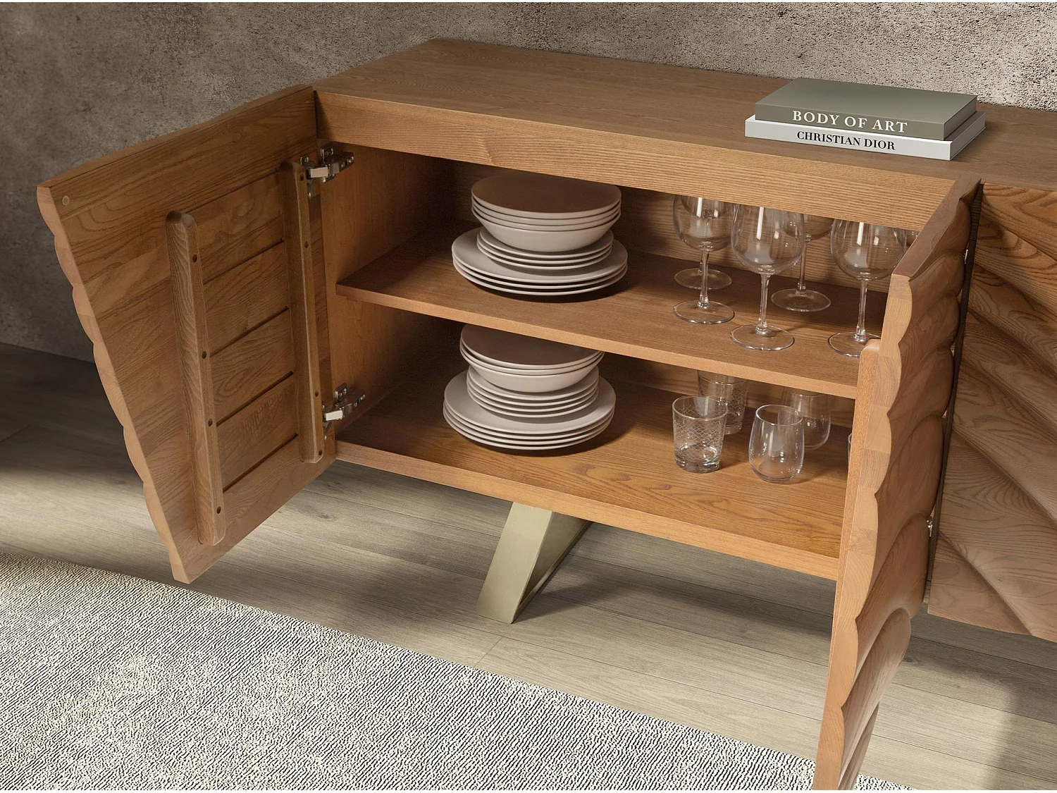 Sideboard aus hellem Nussbaumholz und poliertem goldfarbenem Stahl 3298 ANGEL CERDA