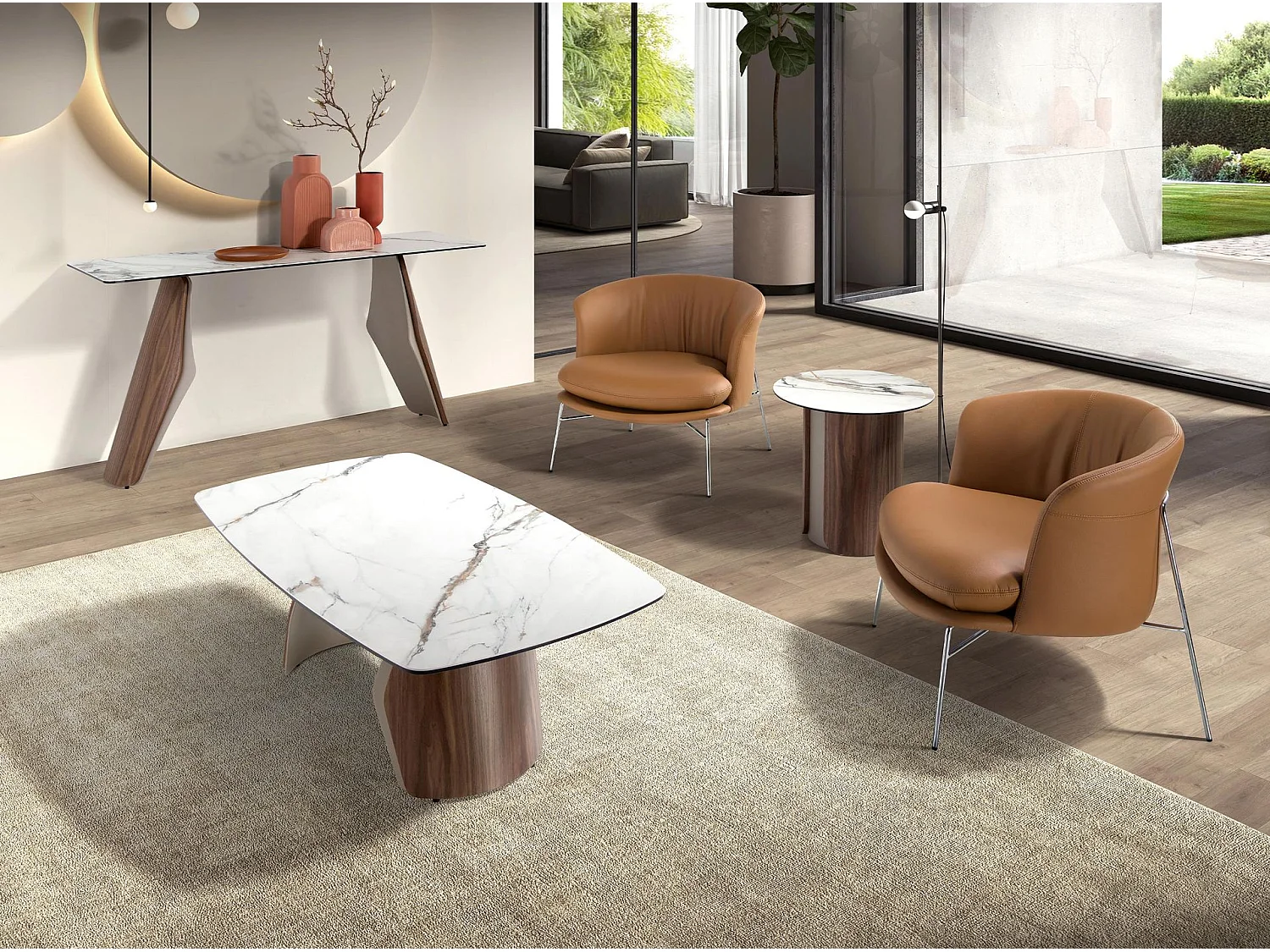 Runder Ecktisch aus Feinsteinzeug, metallisiertem Sandstahl und Nussbaumholz 2166 ANGEL CERDA