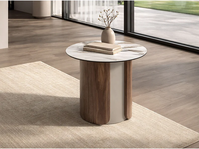 Runder Ecktisch aus Feinsteinzeug, metallisiertem Sandstahl und Nussbaumholz 2166 ANGEL CERDA