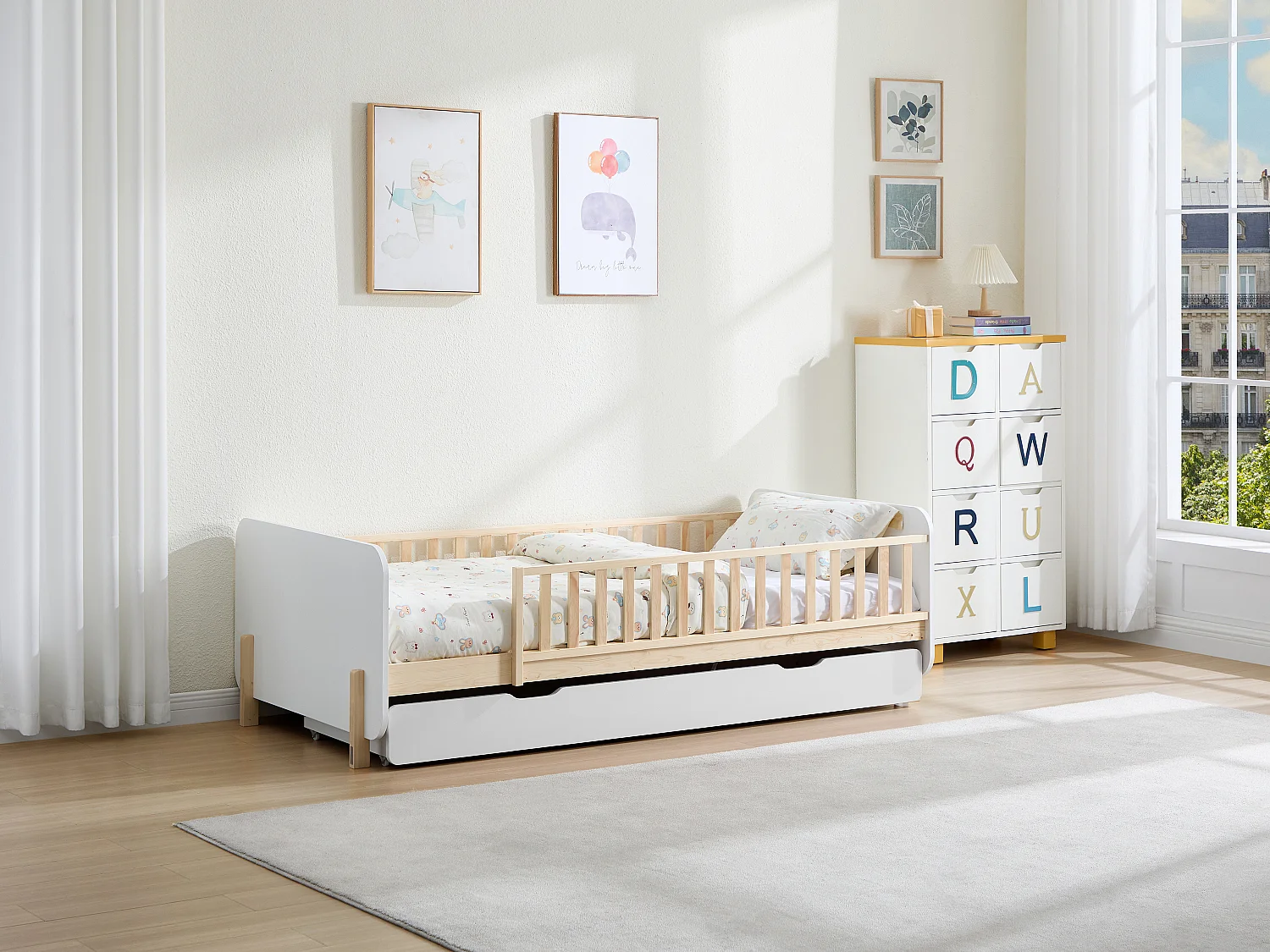 Lit 90 x 190 cm avec tiroir - Pin et MDF - Coloris : Naturel et blanc + Matelas - LADEMI