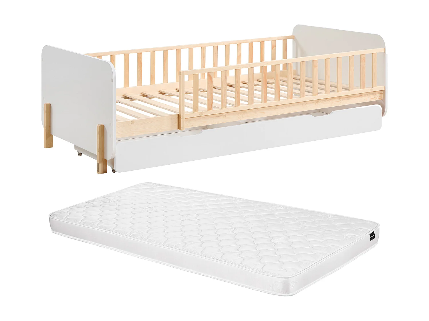 Lit 90 x 190 cm avec tiroir - Pin et MDF - Coloris : Naturel et blanc + Matelas - LADEMI