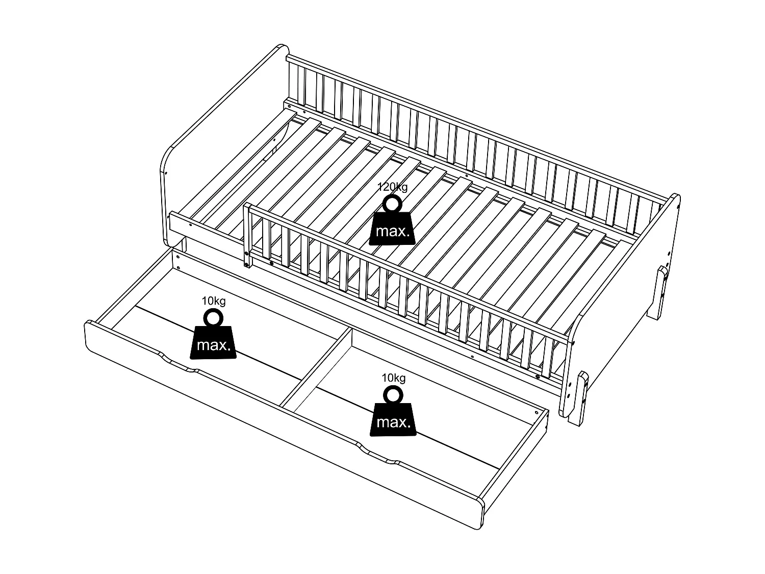 Lit 90 x 190 cm avec tiroir - Pin et MDF - Coloris : Naturel et blanc + Matelas - LADEMI