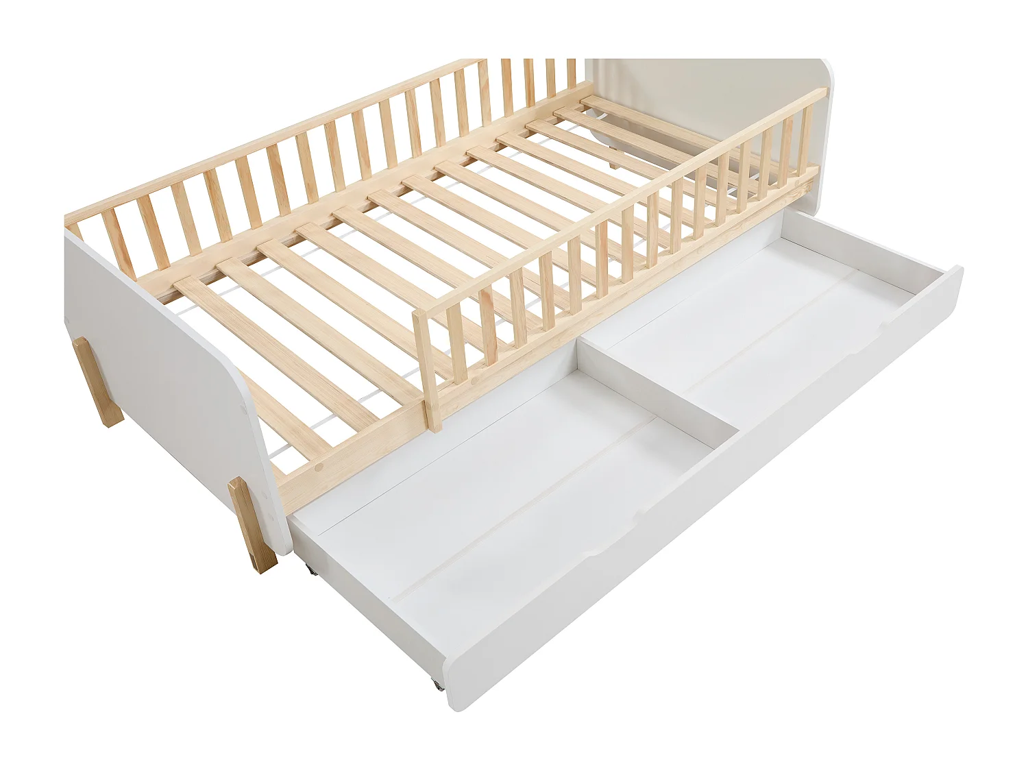Lit 90 x 190 cm avec tiroir - Pin et MDF - Coloris : Naturel et blanc + Matelas - LADEMI