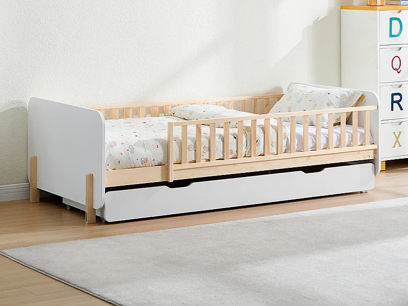 Lit 90 x 190 cm avec tiroir - Pin et MDF - Coloris : Naturel et blanc + Matelas - LADEMI