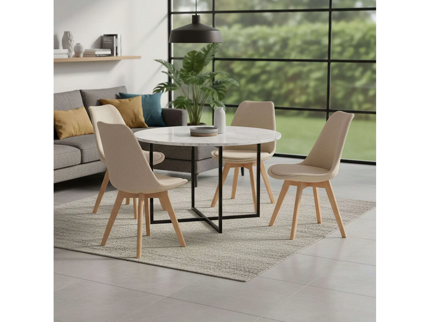 Pack comedor y salón Bistro beige 2 sillas tapizadas tela patas roble haya