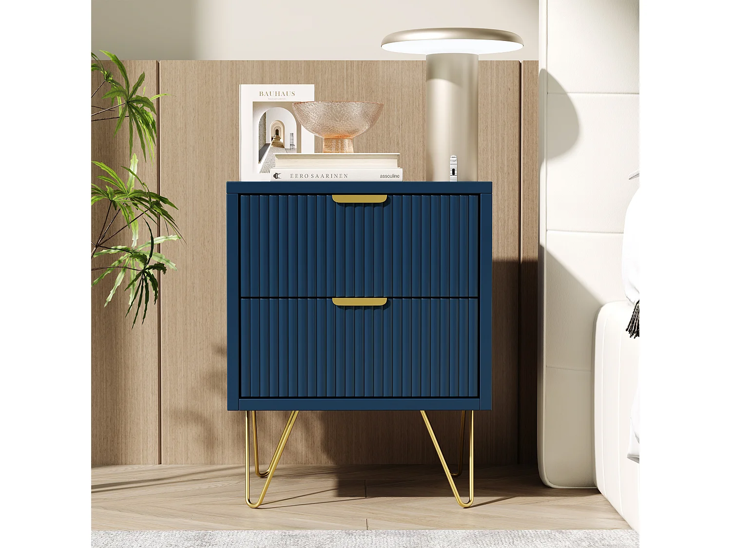 Mobile da notte contemporaneo blu scuro con 2 ampi cassetti e maniglie dorate, tavolino robusto in MDF e metallo