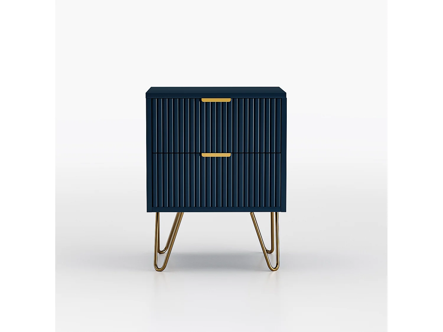 Mobile da notte contemporaneo blu scuro con 2 ampi cassetti e maniglie dorate, tavolino robusto in MDF e metallo
