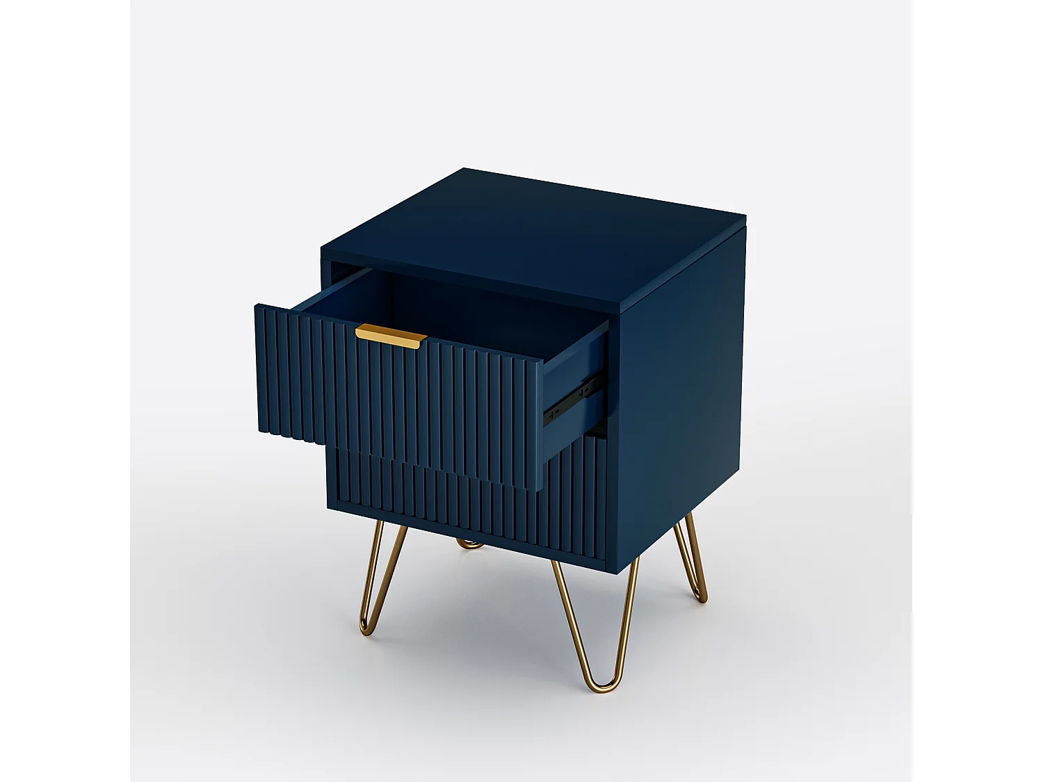 Mobile da notte contemporaneo blu scuro con 2 ampi cassetti e maniglie dorate, tavolino robusto in MDF e metallo