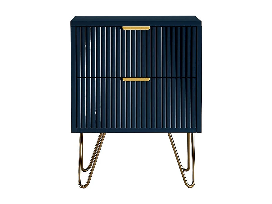 Mobile da notte contemporaneo blu scuro con 2 ampi cassetti e maniglie dorate, tavolino robusto in MDF e metallo