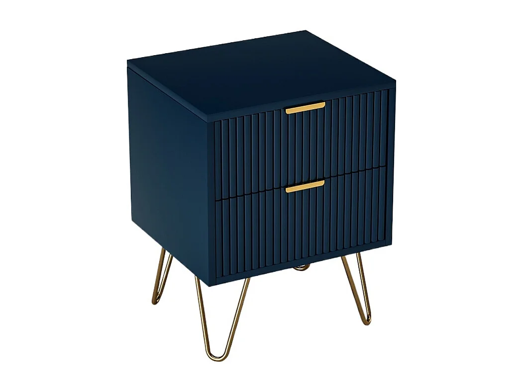 Mobile da notte contemporaneo blu scuro con 2 ampi cassetti e maniglie dorate, tavolino robusto in MDF e metallo