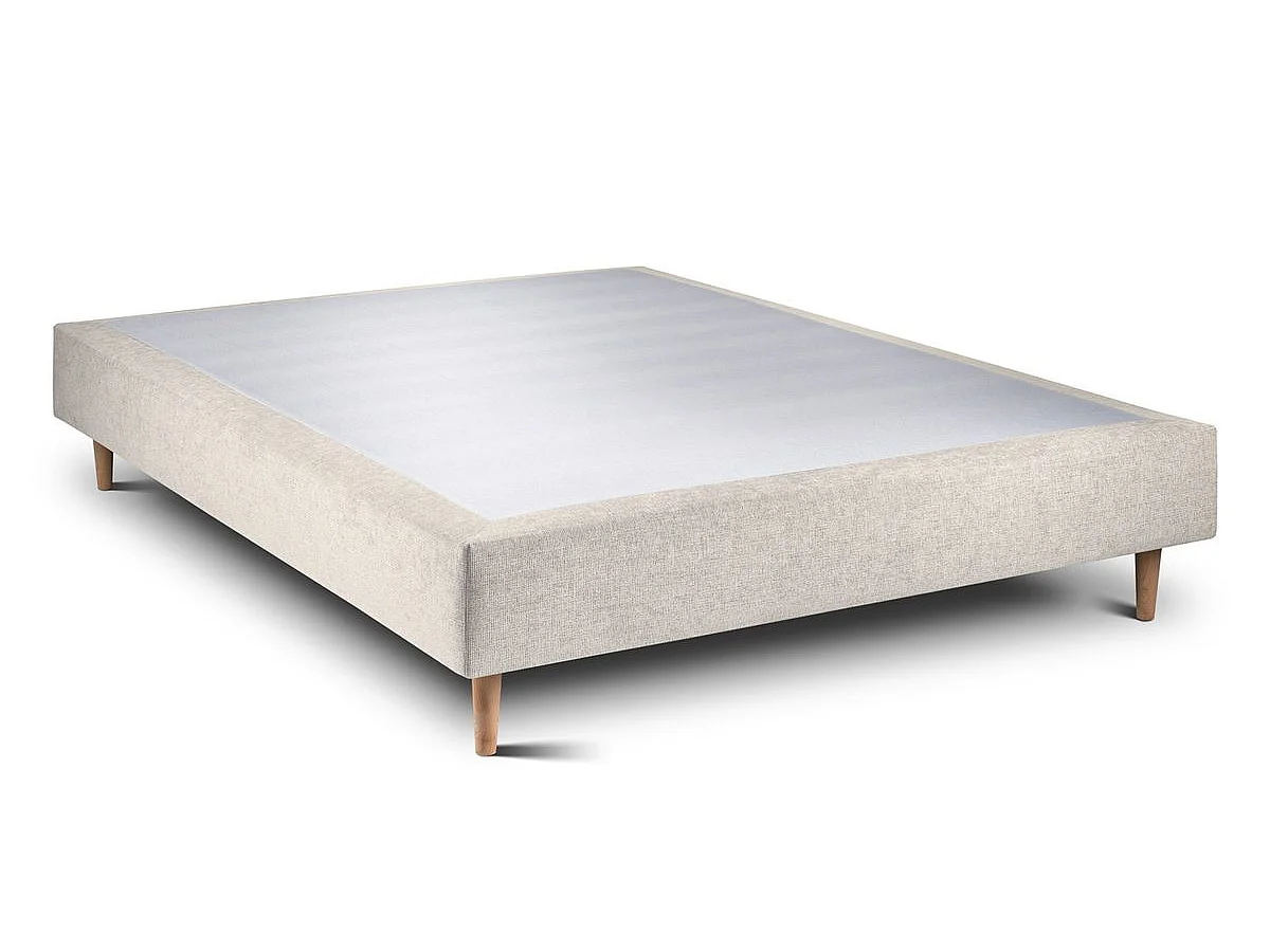 Lit 140x190cm avec tête de lit lignes tissu et sommier tapissier Beige clair - Hauteur totale : 35cm