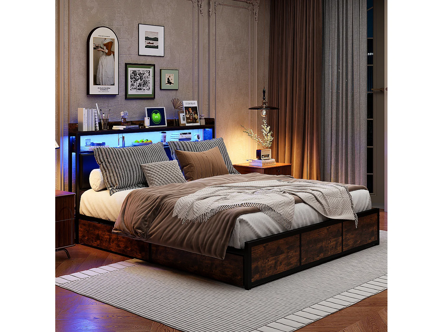 Lit rembourré de style vintage avec 4 tiroirs - lit double avec lumières LED - cadre de lit en métal avec tête en bois PU - noir 180 x 200cm